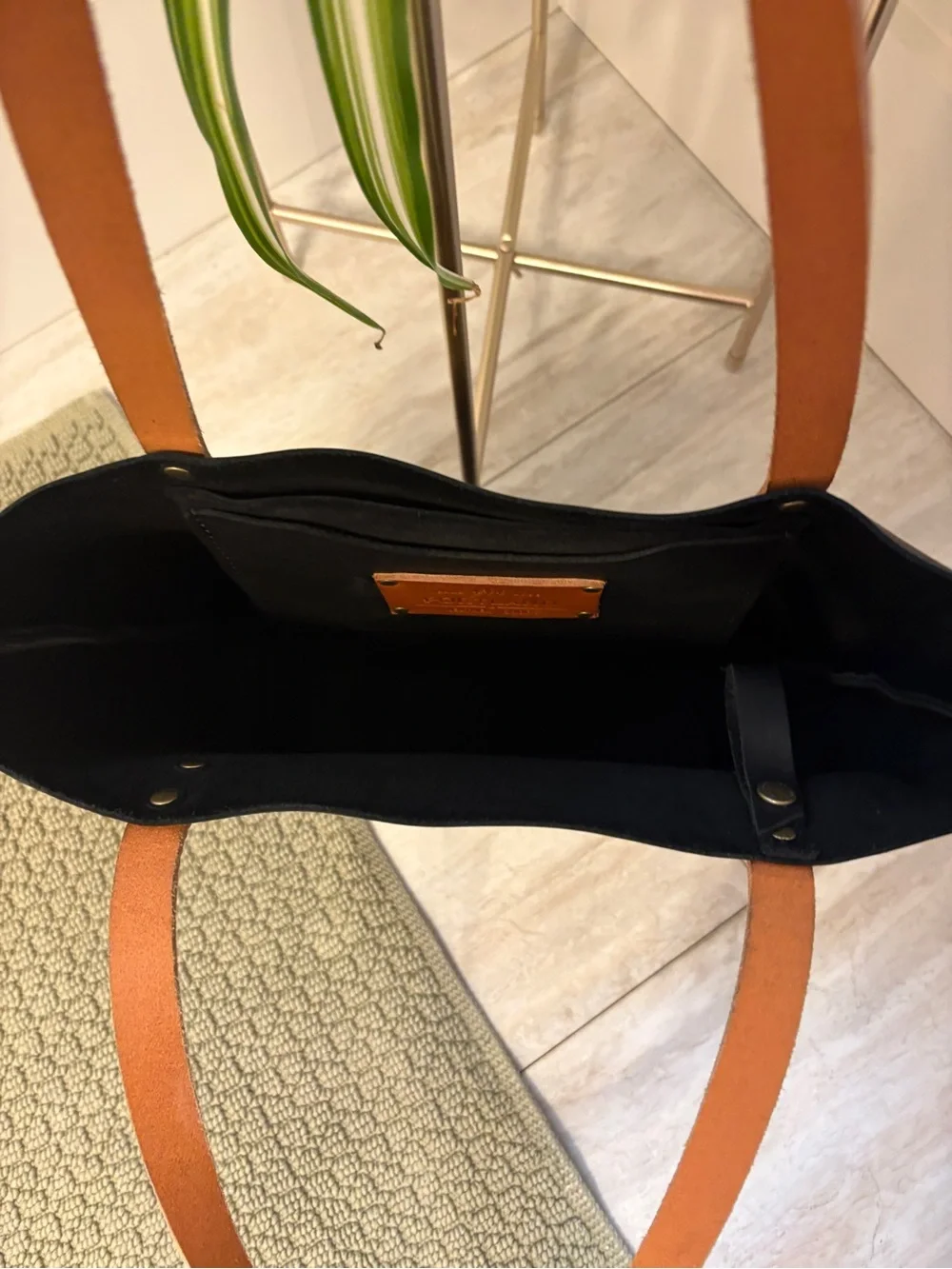 Portland Leather Black Tote with Brown Handles